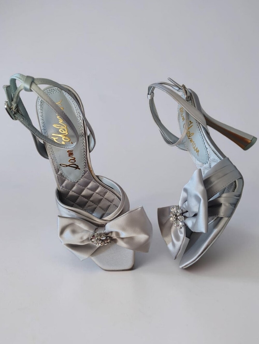 New Sam Edelman Silver Blue Satin Bow Crystal-Accent Stiletto Sandals 9.5